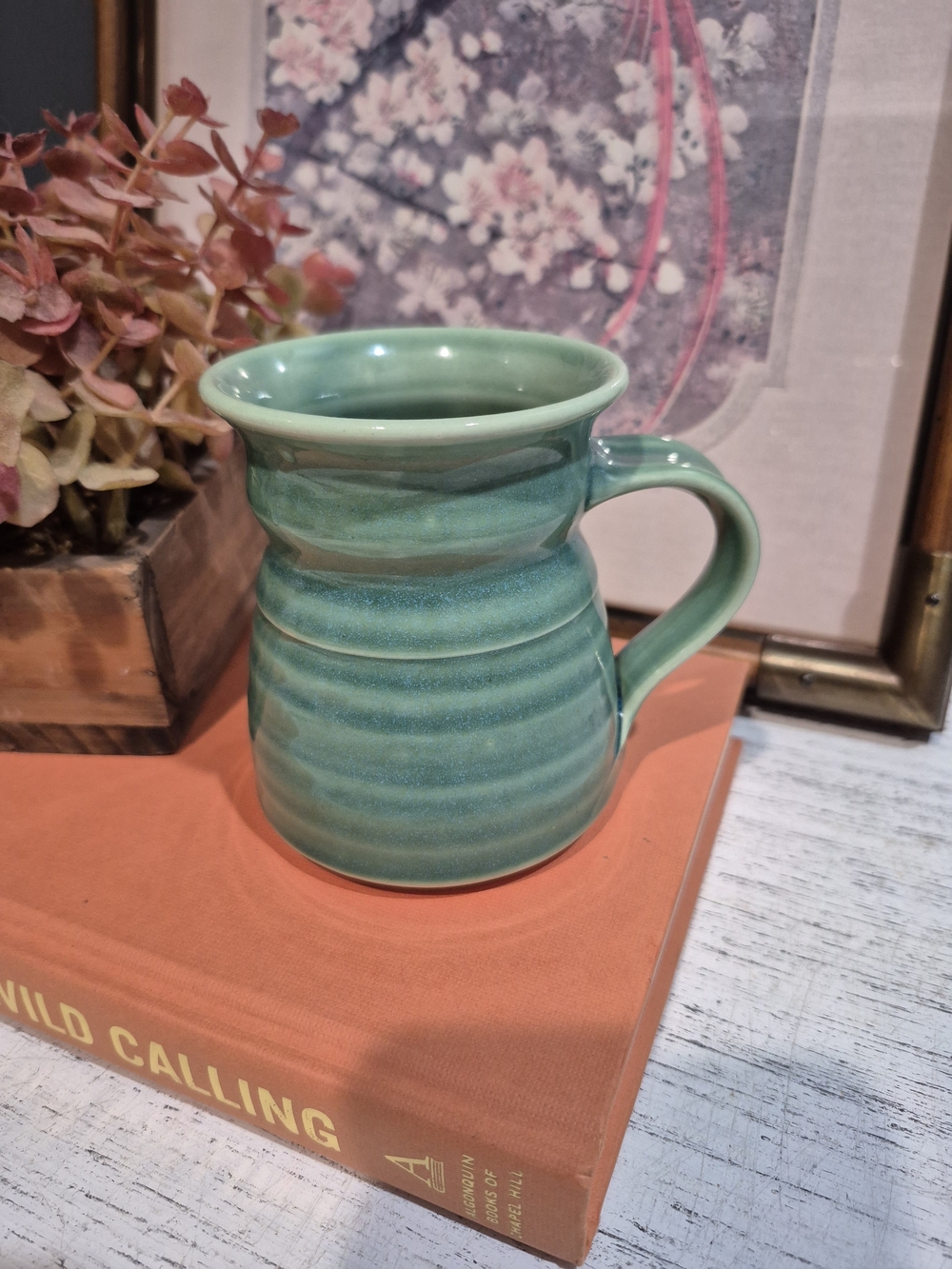 L'abby Studio Pottery Green Ceramic Mug With Curved Handle